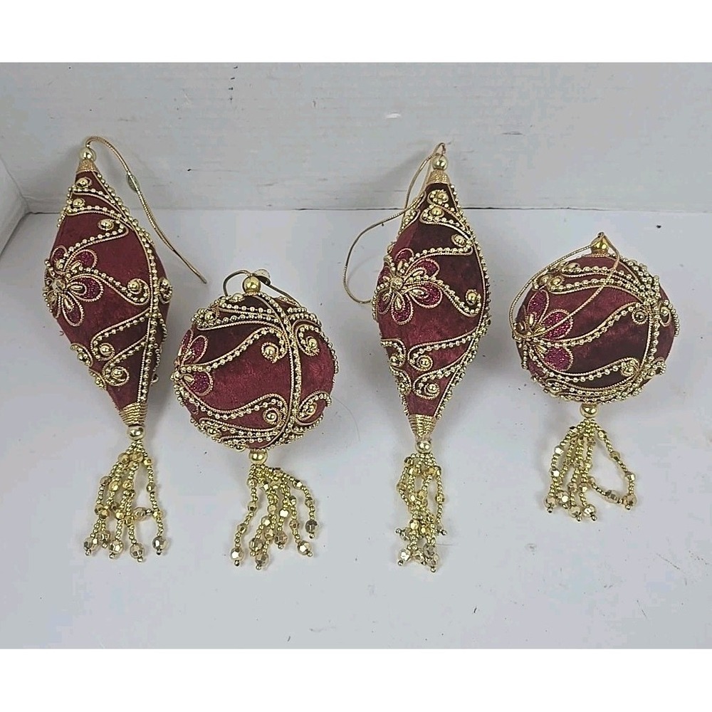 4 Vtg Velvet Christmas Ornaments Beaded Tassel Gold Embroidered Philippines MINT